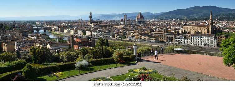 Florence, May 2020: Beautiful Cityscape of Florence from Piazzale Michelangelo with Old Bridge, Cathedral of Santa Maria del Fiore and Basilica of the Holy Cross. Italy.