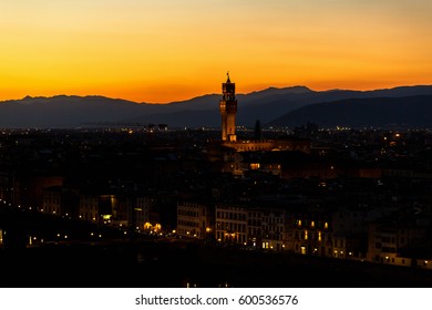 Florence At Sunset With Floodlight At Palazzo Vecchio