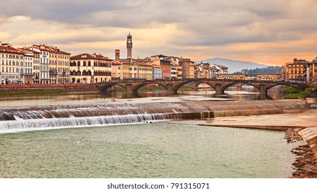 Florence, Tuscany, Italy: Landscape Of The City And The Arno River With Its Bridges
