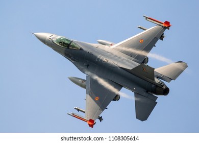 FLORENNES, BELGIUM - JUN 15, 2017: Belgian Air Force General Dynamics F16 Fighting Falcon fighter jet aircraft in flight.