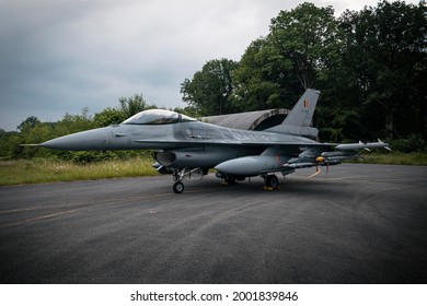 Florennes, BELGIUM - June 24, 2021: Belgian Air Force F-16 Fighter Jet Special Paint Ready At The Parking Spot