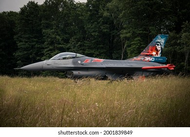 Florennes, BELGIUM - June 24, 2021: Belgian Air Force F-16 Fighter Jet Special Paint Ready At The Parking Spot