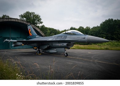 Florennes, BELGIUM - June 24, 2021: Belgian Air Force F-16 Fighter Jet Special Paint Ready At The Parking Spot