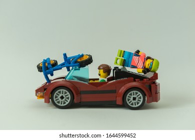 Florianopolis - Brazil, February 2, 2020: Minifigure Of Cyclist Getting Hit By Car. Traffic Accident. Minifigures Are Manufactured By The Lego Group.