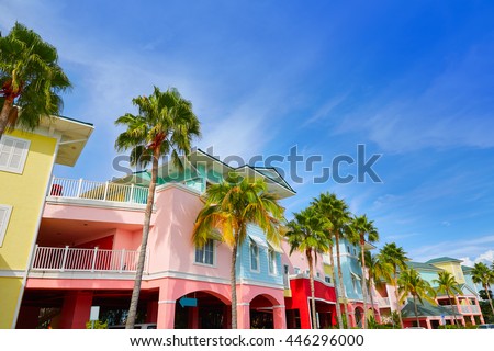 Florida Fort Myers colorful facades and palm trees in USA
