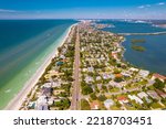 Florida. Indian Rocks Beach Florida. Gulf of Mexico or ocean beach, Hotels and Resorts. Turquoise color of salt water. American shore. Tampa, St. Petersburg, Clearwater FL. Summer or Autumn vacation.