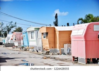Florida Keys, Florida / USA - September 24, 2018: colorful neighborhood on a sunny day near Gulf of Mexico