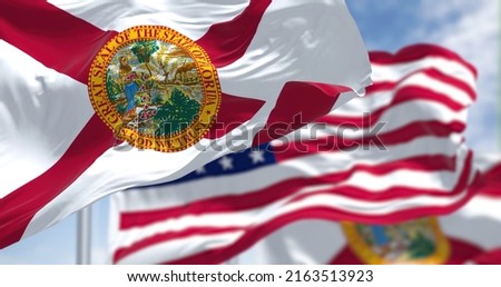 The Florida state flag waving along with the national flag of the United States of America. In the background there is a clear sky.