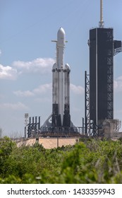 Florida, United States Of America, June 24 2019 - A SpaceX Falcon Heavy Rocket Is Ready For Launch On The Pad 