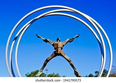 Florida, United States-January 25, 2020: bronze sculpture of vitruvian man Tampa