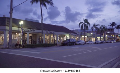 Florida, USA - Circa 2018: Downtown Delray Beach Street And Shopping Strip Mall During Dusk Evening Just After Sunset On A Beautiful Summer Night