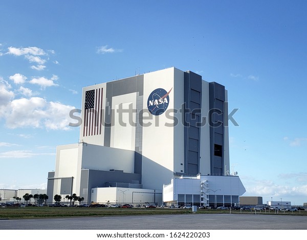 FLORIDA, USA - JANUARY 09, 2020: The John F\
Kennedy Space Center main assembly building in Cape Canaveral,\
originally the Launch Operation Center, is one of the ten NASA\
field centers.