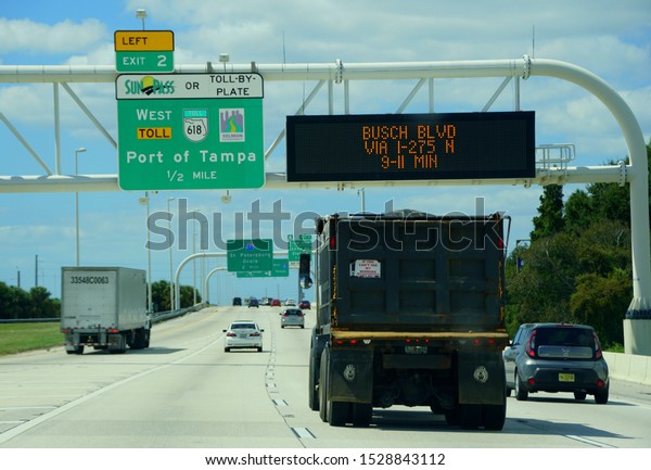 Florida, U.S.A -\
September 23, 2019 - The view of traffic near the toll exit into\
Port of Tampa and Route\
618