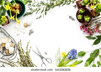 Florist Or Decorator Table Surface Overhead View, Easter Decoration Concept With Copy Space For A Text