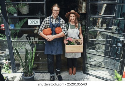 Florist, partners and smile with gardening tools at door with open sign for startup store in France. People, woman and man with happiness or proud in portrait for small business and flower shop - Powered by Shutterstock