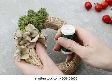 Florist At Work: How To Make Christmas Door Wreath With Moss And Dry Hortensia Flowers. Step By Step, Tutorial. 