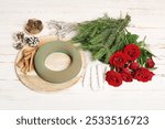 Florist at work: How to make a traditional Advent wreath for the table, using rose flowers, fir branches and additional elements. Step by step, tutorial. 