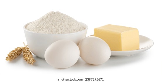 Flour in a bowl, spikelets, eggs and butter isolated on white background. - Powered by Shutterstock