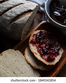 Flour Powdered Sliced Sourdough Bread With Mixed Berry Jam 