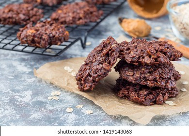 Flourless No Bake Peanut Butter And Oatmeal Chocolate Cookies On A Parchment, Horizontal, Copy Space