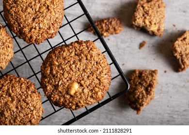 Flourless No Bake Peanut Butter And Oatmeal Chocolate Cookies. Selective Focus. Horizontal Orientation