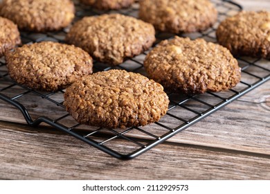 Flourless No Bake Peanut Butter And Oatmeal Chocolate Cookies. Selective Focus