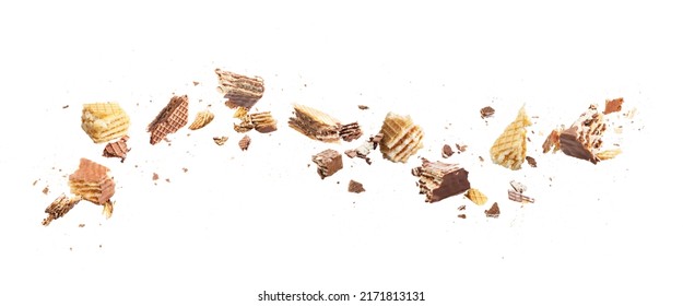 Flow of broken wafers into pieces on a white background