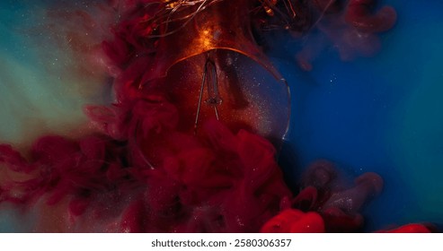 Flow explode. Ink mist. Red smoky paint wavy cloud spilling on blurred foggy blue surface water damaged lighted bulb abstract background.