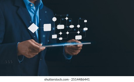 Flowchart and Work process concept .Organization hierarchy structure management. Businessman shows business process map, management, automation system on virtual screen with diagram.