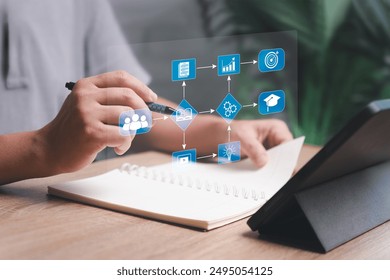 Flowchart and workflow, Learning target success for business hierarchy, A man uses tablets to make workflow of business management the organization's hierarchical processing, Idea, Learning online