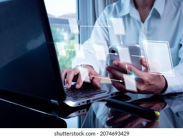Flowchart-based business process and workflow automation. Holding a mobile phone and configuring processing management on a computer screen - Shutterstock ID 2074693429
