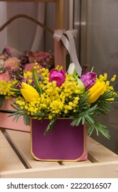 Flower Arrangement For The Box. Flower Shop.Flowers In Box On Flower Shop Window