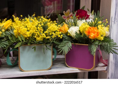 Flower Arrangement For The Box. Flower Shop.Flowers In Box On Flower Shop Window