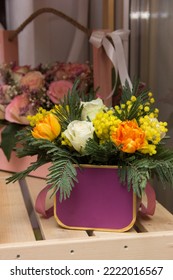 Flower Arrangement For The Box. Flower Shop.Flowers In Box On Flower Shop Window