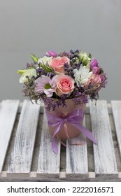 Flower Arrangement For The Box. Flower Shop.Flowers In Box On Flower Shop Window