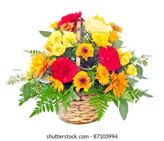 Flower Arrangement With Fall Color Carnations And Daisies In Basket