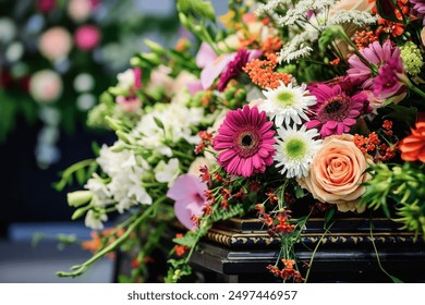 A flower arrangement on a coffin at a funeral