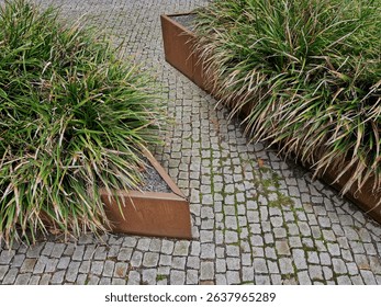 the flower bed is bordered by a rusty sheet metal design. perennials and grass bloom in the flowerbed. paving stone cubes between two flowerbeds. are benches