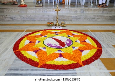 Flower Bed Decoration, (Athappokkalam) Seamless Floral Pattern Of Tropical Fresh Flowers On Onam Celebration Of Kerala, India. Indian Festival. Dt. 15-09-2019