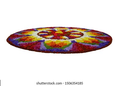 Flower Bed Decoration, (Athappookkalam) Seamless Floral Pattern Of Tropical Fresh Flowers On Onam Celebration Of Kerala , India. Indian Festival. Dt. 15-09-2019