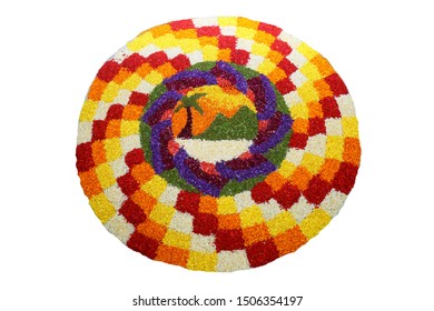 Flower Bed Decoration, (Athappookkalam) Seamless Floral Pattern Of Tropical Fresh Flowers On Onam Celebration Of Kerala , India. Indian Festival. Dt. 15-09-2019