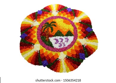 Flower Bed Decoration, (Athappookkalam) Seamless Floral Pattern Of Tropical Fresh Flowers On Onam Celebration Of Kerala , India. Indian Festival. Dt. 15-09-2019