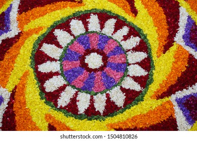 Flower Bed Decoration, Seamless Floral Pattern Of Tropical Fresh Flowers On Onam Celebration Of Kerala, India. Indian Festival. Dt. 15-09-2019