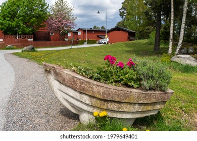 Flower Bed In The Form Of A Boat. Geraniums And Ornamental Grasses Are Planted In Stone Cement Beautiful Flower Bed. Garden Design. Decorative Floral Design In Residential Courtyards. Urban District.