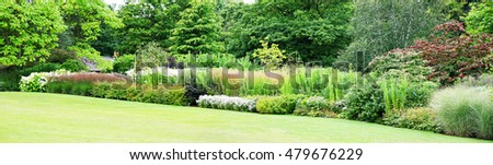 Flower beds containing drifts of flower, RHS Harlow Carr, Harrogate, Yorkshire,  [[stock_photo]] © 