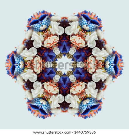 Flower bouquet mandala isolated on white background. Kaleidoscope effect.
