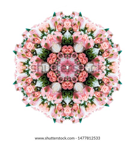 Flower bouquet of roses and orchids mandala isolated on white background. Kaleidoscopic effect.