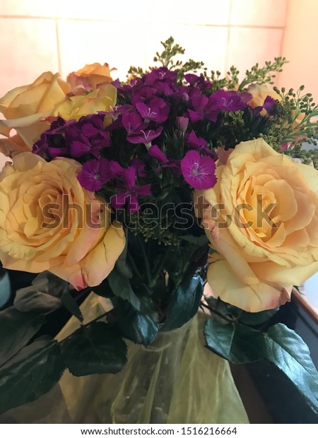 Flower Bouquets Yellow Roses Little Purple Stock Photo Edit Now