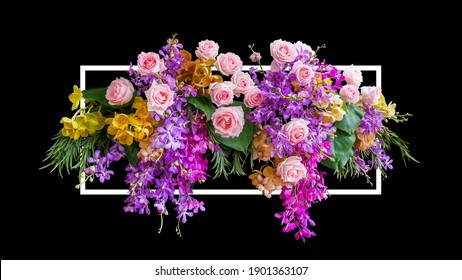 Flower bush of pink roses and tropical orchids flowers with green leaves foliage floral arrangement nature wedding or Valentines day backdrop with white frame on black background. - Powered by Shutterstock