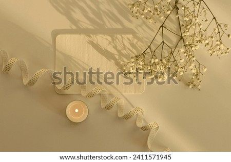 Flower, candle, Empty Blank texture canvas paper card for your text message. Light and shadows minimalism style template beige background.